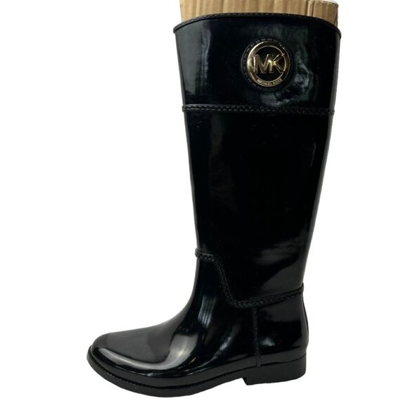 Michael Kors Boots Women 8 Black Gloss Rubber Logo Emblem Stockard Tall Rain - Picture 2 of 14